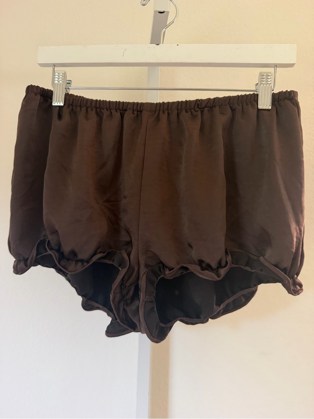 SKIMS Chocolate Ruffle-Hem Satin Lounge Shorts
